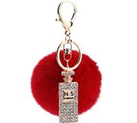 Schlüsselanhänger Pompons Plüsch Flauschige Taschenanhänger, Faux Kaninchen Pelz Plüschball mit Mini-Parfüm Strass Dekor Kugel bommel Keychain Ring für Handtasche Schlüssel AutoSchlüssel (Rot)