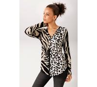 Schlupfbluse ANISTON CASUAL, Damen, Gr. 40, schwarz-weiß (beige, schwarz, wollweiß, dunkelbeig), Single Jersey, Obermaterial: 95% Viskose, 5% Elasthan, bedruckt, figurumspielend hüftbedeckend, V-Aussc