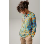 Schlupfbluse ANISTON CASUAL, Damen, Gr. 42, bunt (türkis, hellorange, braun), Web, Obermaterial: 100% Viskose, bedruckt, gemustert, lässig geschnitten hüftbedeckend, V-Ausschnitt, Raglanärmel elastisc