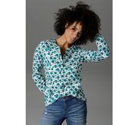 Schlupfbluse ANISTON CASUAL, Damen, Gr. 48, grün (grün, weiß), Web, Obermaterial: 100% Viskose, bedruckt, figurumspielend Po-bedeckend, Rundhals, Ärmel mit Ärmelschlitz 1-Knopf-Manschette krempelbar,