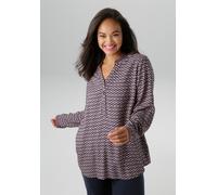 Schlupfbluse ANISTON PLUS, Damen, Gr. 44, blau (marine, braun, beige), Web, Obermaterial: 100% Viskose, bedruckt, gemustert, lässig geschnitten Po-bedeckend, V-Ausschnitt, 1-Knopf-Manschette, Blusen S