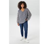 Schlupfbluse ANISTON PLUS, Damen, Gr. 44, blau (marine, weiß), Web, Obermaterial: 100% Polyester. Futter: 95% Viskose, 5% Elasthan, gemustert, figurumspielend Po-bedeckend, V-Ausschnitt, mit Gummizug,