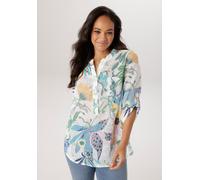 Schlupfbluse ANISTON PLUS, Damen, Gr. 44, weiß, türkis, gelb, pink, grün, blau, Web, Obermaterial: 100% Baumwolle, bedruckt, geblümt, gemustert, figurumspielend Po-bedeckend, V-Ausschnitt, krempelbar,
