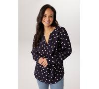 Schlupfbluse ANISTON PLUS, Damen, Gr. 46, blau (marine, wollweiß), Web, Obermaterial: 100% Viskose, bedruckt, gemustert, gepunktet, figurumspielend Po-bedeckend, Rundhals, Krempelärmel 1-Knopf-Mansche