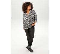 Schlupfbluse ANISTON PLUS, Damen, Gr. 48, blau (olive, marine, weiß), Web, Obermaterial: 100% Viskose, bedruckt, gemustert, figurumspielend Po-bedeckend, V-Ausschnitt, Krempelärmel 1-Knopf-Manschette,