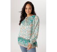 Schlupfbluse ANISTON PLUS, Damen, Gr. 48, türkis, braun, weiß, schwarz, Web, Obermaterial: 100% Viskose, bedruckt, geblümt, gemustert, figurumspielend Po-bedeckend, Rundhals, Raglanärmel Volant mit Gu