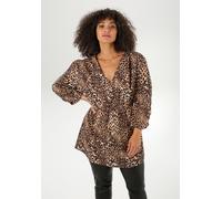 Schlupfbluse ANISTON PLUS, Damen, Gr. 50, braun (braun, beige, schwarz), Obermaterial: 100% Viskose, gemustert, figurumspielend kniefrei, V-Ausschnitt, gesmokt, Blusen Schlupfbluse, in aktuellen Leopr
