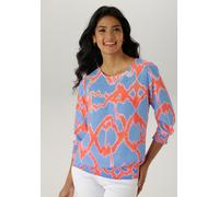 Schlupfbluse ANISTON SELECTED, Damen, Gr. 36, blau (hellblau, orange, rosa, weiß), Web, Obermaterial: 100% Polyester, leicht transparent, figurumspielend hüftbedeckend, Rundhals, Smokbündchen, Blusen