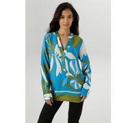 Schlupfbluse ANISTON SELECTED, Damen, Gr. 36, grün (hellblau, blau, weiß, khaki), Web, Obermaterial: 100% Viskose, bedruckt, geblümt, gemustert, lässig geschnitten Po-bedeckend, V-Ausschnitt, 1-Knopf-