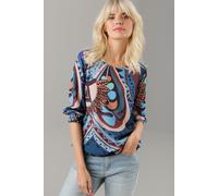 Schlupfbluse ANISTON SELECTED, Damen, Gr. 38, bunt (schwarz, petrol, türkis, blau, braun, beige, mint), Web, Obermaterial: 100% Polyester, bedruckt, ethno, gemustert, leicht transparent, figurumspiele