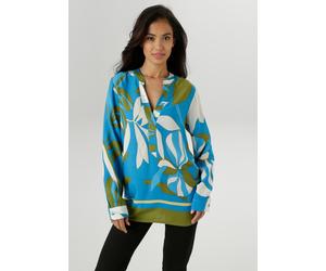 Schlupfbluse ANISTON SELECTED, Damen, Gr. 38, grün (hellblau, blau, weiß, khaki), Web, Obermaterial: 100% Viskose, bedruckt, geblümt, gemustert, lässig geschnitten Po-bedeckend, V-Ausschnitt, 1-Knopf-