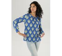 Schlupfbluse ANISTON SELECTED, Damen, Gr. 42, blau (dunkelblau, blau, lindgrün, creme), Crêpe, Obermaterial: 100% Polyester, bedruckt, gemustert, figurumspielend hüftbedeckend, Rundhals, 1-Knopf-Mansc