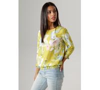 Schlupfbluse ANISTON SELECTED, Damen, Gr. 42, bunt (grün, gelb, hellblau, rosa, weiß), Web, Obermaterial: 100% Polyester, bedruckt, geblümt, figurumspielend hüftbedeckend, Rundhals, Smokbündchen, Blus