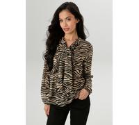 Schlupfbluse ANISTON SELECTED, Damen, Gr. 42, schwarz (sand, schwarz), Web, Obermaterial: 100% Polyester, animal-print, bedruckt, gemustert, lässig geschnitten hüftbedeckend, V-Ausschnitt, 1-Knopf-Man
