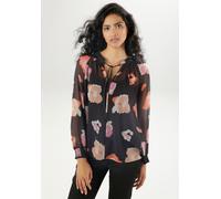 Schlupfbluse ANISTON SELECTED, Damen, Gr. 42, schwarz (schwarz, sanftes weiß, orange, rosa), Chiffon, Obermaterial: 100% Polyester, bedruckt, lässig geschnitten hüftlang, Rundhals, Smokbündchen, Bluse