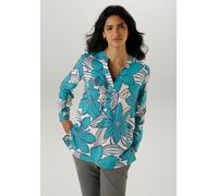Schlupfbluse ANISTON SELECTED, Damen, Gr. 44, blau (petrol, sanftes weiß, blau, camel), Web, Obermaterial: 100% Viskose, bedruckt, geblümt, gemustert, lässig geschnitten hüftbedeckend, V-Ausschnitt, 1
