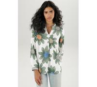 Schlupfbluse ANISTON SELECTED, Damen, Gr. 46, bunt (weiß, grün, grau, orange, beige, blau), Web, Obermaterial: 100% Viskose, bedruckt, geblümt, lässig geschnitten Po-bedeckend, V-Ausschnitt, 1-Knopf-M