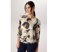 Schlupfbluse ANISTON SELECTED, Damen, Gr. 48, bunt (dunkelblau, beige, camel), Crêpe, Obermaterial: 100% Polyester, bedruckt, geblümt, gemustert, figurumspielend hüftbedeckend, Rundhals, Smokbündchen,
