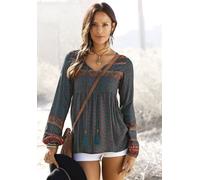 Schlupfbluse BUFFALO, Damen, Gr. 42, blau (petrol, bedruckt), Web, Obermaterial: 100% Viskose, bedruckt, figurumspielend hüftlang, V-Ausschnitt, mit Gummizug, Blusen Schlupfbluse, mit Ethnodruck und Z