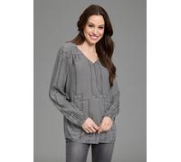 Schlupfbluse DELMAO, Damen, Gr. 38, grau (weiß, schwarz), Web, Obermaterial: 100% Viskose, figurumspielend, V-Ausschnitt, eingesetzt elastischer Bund mit Gummizug, Blusen Schlupfbluse, femininer Stil,