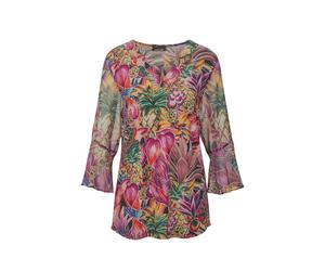 Schlupfbluse GOLDNER "Bunte Tunika mit floralem Print", Damen, Gr. 48, bunt (bunt, gemustert), Obermaterial: 95% Viskose CV. 5% Elasthan EL., figurumspielend, V-Ausschnitt, weit Volant, Blusen Schlupf