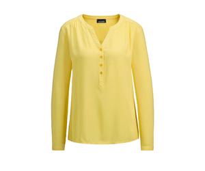 Schlupfbluse GOLDNER "Elegante Viskosebluse mit V-Ausschnitt", Damen, Gr. 38, gelb, Obermaterial: 100% Viskose CV., gerade, V-Ausschnitt, Tubular, Blusen Schlupfbluse, Knopfleiste (73355319-38) gelb