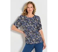 Schlupfbluse GOLDNER "Kurzgröße Elegantes Halbarm Blusenshirt, Druck", Damen, Gr. 22, blau (blau, stein, gemustert), Obermaterial: 100% Viskose CV., Blusen Schlupfbluse, doppellagige Ärmel (35434141-2
