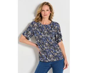 Schlupfbluse GOLDNER "Kurzgröße Elegantes Halbarm Blusenshirt, Druck", Damen, Gr. 22, blau (blau, stein, gemustert), Obermaterial: 100% Viskose CV., Blusen Schlupfbluse, doppellagige Ärmel (35434141-2
