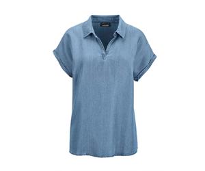Schlupfbluse GOLDNER "Kurzgröße Leichte Bluse in Denim-Optik für Damen", Damen, Gr. 25, blau (hellblau), Obermaterial: 100% Lyocell CLY., Modisch, gerade, keine/nicht relevant, Blusen Schlupfbluse, So
