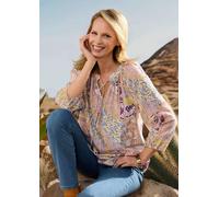 Schlupfbluse GOLDNER "Kurzgröße Luftige Patch-Druck-Bluse mit 3/4-Arm", Damen, Gr. 22, beige (stein, gemustert), Obermaterial: 90% Viskose CV. 10% Polyamid PA., Blusen Schlupfbluse (66557009-22) stein