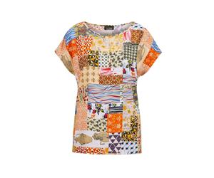 Schlupfbluse GOLDNER "Kurzgröße Luftige Viskosebluse mit Patch-Print", Damen, Gr. 21, gelb (gelb, gemustert), Obermaterial: 100% Viskose CV., U-Boot-Ausschnitt, keine/nicht relevant, Blusen Schlupfblu