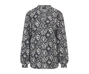 Schlupfbluse GOLDNER "Kurzgröße Moderne Rüschenbluse mit Stehkragen", Damen, Gr. 23, schwarz (schwarz, gemustert), Obermaterial: 100% Viskose CV., Blusen Schlupfbluse, Rüschen (14570066-23) schwarz, g