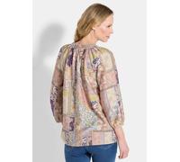 Schlupfbluse GOLDNER "Luftige Patch-Druck-Bluse mit 3/4-Arm", Damen, Gr. 48, beige (stein, gemustert), Obermaterial: 90% Viskose CV. 10% Polyamid PA., figurumspielend, Blusen Schlupfbluse, Bindebändch