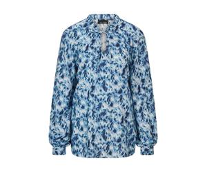 Schlupfbluse GOLDNER "Moderne Rüschenbluse mit Stehkragen", Damen, Gr. 44, blau (blau, gemustert), Obermaterial: 100% Viskose CV., Blusen Schlupfbluse, Rüschen (79912118-44) blau, gemustert