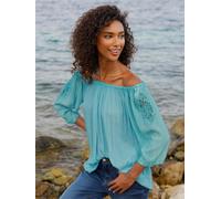 Schlupfbluse HEINE, Damen, Gr. 42, türkis, 100% Viskose, gemustert, unifarben, Carmenausschnitt, Blusen Schlupfbluse (23531031-42) türkis