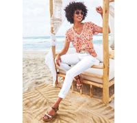 Schlupfbluse HEINE, Damen, Gr. 46, bunt (papaya, marine, bedruckt), 100% Viskose, bedruckt, gemustert, mehrfarbig, V-Ausschnitt, Blusen Schlupfbluse (82790153-46) papaya, marine, bedruckt