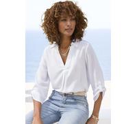 Schlupfbluse LASCANA, Damen, Gr. 34, weiß, Web, Obermaterial: 100% Viskose, unifarben, figurumspielend hüftlang, V-Ausschnitt, mit Riegel gerader Abschluss, Blusen Schlupfbluse, mit 3/4-Ärmeln, elegan