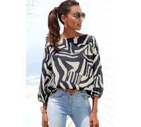 Schlupfbluse LASCANA, Damen, Gr. 36/38, creme, graublau bedruckt, Web, Obermaterial: 100% Viskose, bedruckt, animal-print, modisch, figurumspielend hüftlang, U-Boot-Ausschnitt, 3/4-Ärmel elastischer B