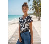 Schlupfbluse LASCANA, Damen, Gr. 36, blau (blau, creme bedruckt), Web, Obermaterial: 100% Viskose, bedruckt, figurumspielend hüftlang, V-Ausschnitt, Blusen Schlupfbluse, mit Alloverprint und modischen