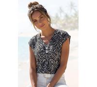 Schlupfbluse LASCANA, Damen, Gr. 38, beige (schwarz, creme, bedruckt), Web, Obermaterial: 100% Viskose, figurumspielend hüftlang, V-Ausschnitt, Blusen Schlupfbluse, mit Zebraprint und modischen Knöpfe