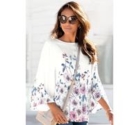 Schlupfbluse LASCANA, Damen, Gr. 42, weiß (weiß, bedruckt), Web, Obermaterial: 100% Viskose, bedruckt, figurumspielend hüftlang, Rundhals, Blusen Schlupfbluse, mit Blumenprint und Trompetenärmeln, Blu