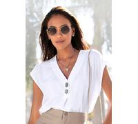 Schlupfbluse LASCANA, Damen, Gr. 44, weiß, Web, Obermaterial: 100% Viskose, unifarben, modisch, figurumspielend hüftlang, V-Ausschnitt, Kurzarm, Blusen, mit modischen Knöpfen, luftige Kurzarmbluse, so