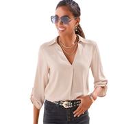 Schlupfbluse LASCANA, Damen, Gr. 46, beige (champagner), Web, Obermaterial: 100% Viskose, unifarben, figurumspielend hüftlang, V-Ausschnitt, mit Riegel gerader Abschluss, Blusen Schlupfbluse, mit 3/4-