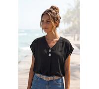 Schlupfbluse LASCANA, Damen, Gr. 50, schwarz, Web, Obermaterial: 100% Viskose, unifarben, figurumspielend hüftlang, V-Ausschnitt, Blusen Schlupfbluse, mit modischen Knöpfen, luftige Kurzarmbluse, somm