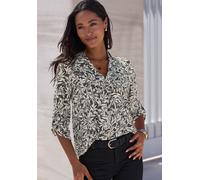 Schlupfbluse LASCANA "mit Blätterdruck und tiefem V-Ausschnitt aus weich fließender Viskose", Damen, Gr. 34, schwarz, creme bedruckt, Web, Obermaterial: 100% Viskose, bedruckt, figurumspielend hüftlan