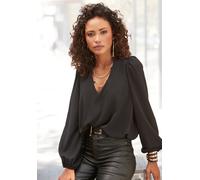 Schlupfbluse LASCANA "mit Kettendetails am Ausschnitt aus gekreppter Webware", Damen, Gr. 38, schwarz, Crêpe, Obermaterial: 98% Polyester, 2% Elasthan, unifarben, figurumspielend hüftlang, V-Ausschnit
