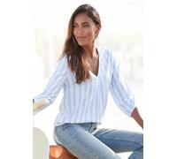 Schlupfbluse LASCANA, Damen, Gr. 38, blau (weiß, hellblau), Web, Obermaterial: 100% Viskose, gestreift, figurumspielend hüftlang, V-Ausschnitt, Blusen Schlupfbluse, mit Streifenprint, leichte Webware,