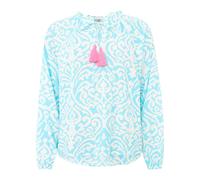 Schlupfbluse ZWILLINGSHERZ "Ornamente", Damen, Gr. SM (S/M), blau (türkis), Obermaterial: 100% Viskose, gemustert, loose fit hüftlang, Serafino, mit Gummizug, Blusen Schlupfbluse, Lamgarm, Ornament-Mu