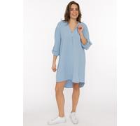 Schlupfbluse ZWILLINGSHERZ "Rom", Damen, blau (hellblau), Web, Obermaterial: 100% Baumwolle, unifarben, ca. Mitte Oberschenkel, tiefer V-Ausschnitt, Krempelärmel 1-Knopf-Manschette, Blusen Schlupfblus