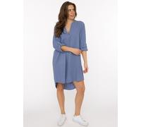 Schlupfbluse ZWILLINGSHERZ "Rom", Damen, blau (jeansblau), Web, Obermaterial: 100% Baumwolle, unifarben, ca. Mitte Oberschenkel, tiefer V-Ausschnitt, Krempelärmel 1-Knopf-Manschette, Blusen Schlupfblu